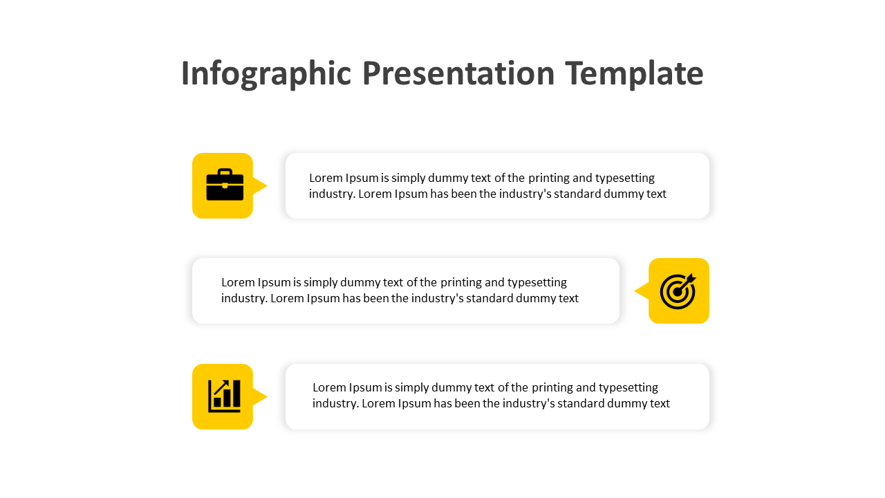 Infographic with three yellow icons and text boxes arranged alternately on a white background.