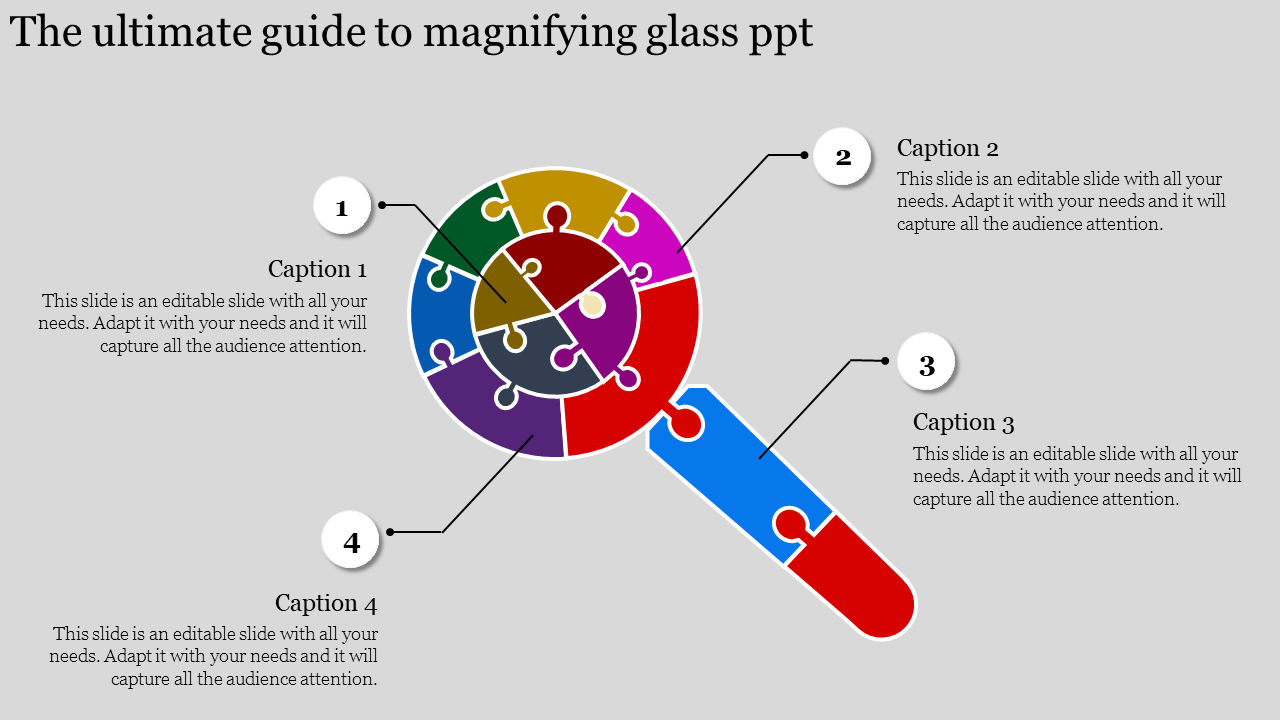 Magnifying glass infographic divided into colorful puzzle parts with captions and descriptive placeholders on each side.