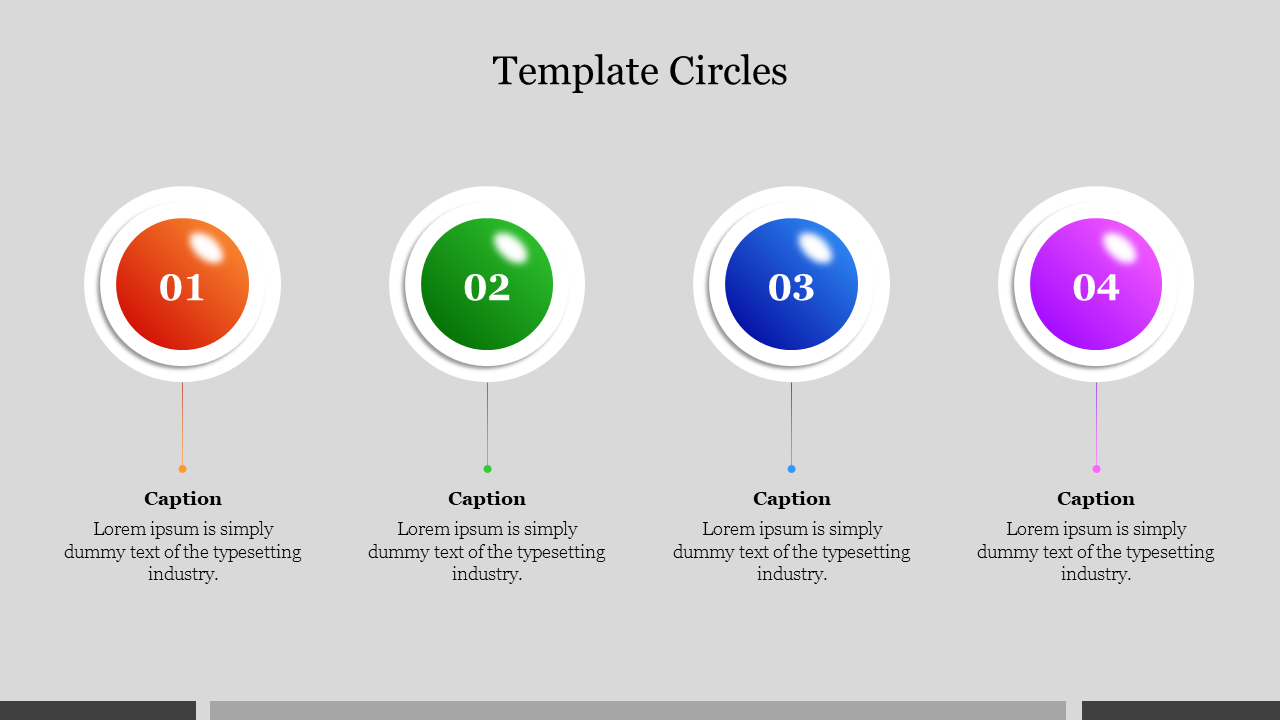 Four glossy 3D style numbered circles in orange, green, blue, and purple with captions beneath on a light gray background.
