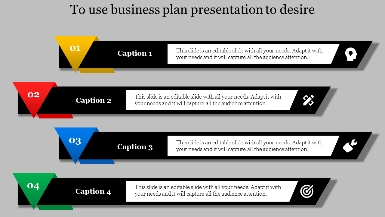 Four horizontal banners with numbered triangles in yellow, red, blue, and green, paired with monochrome text boxes.