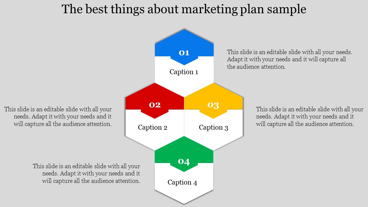 An infographic showing a marketing plan sample with four colorful hexagons, each labeled with different steps.