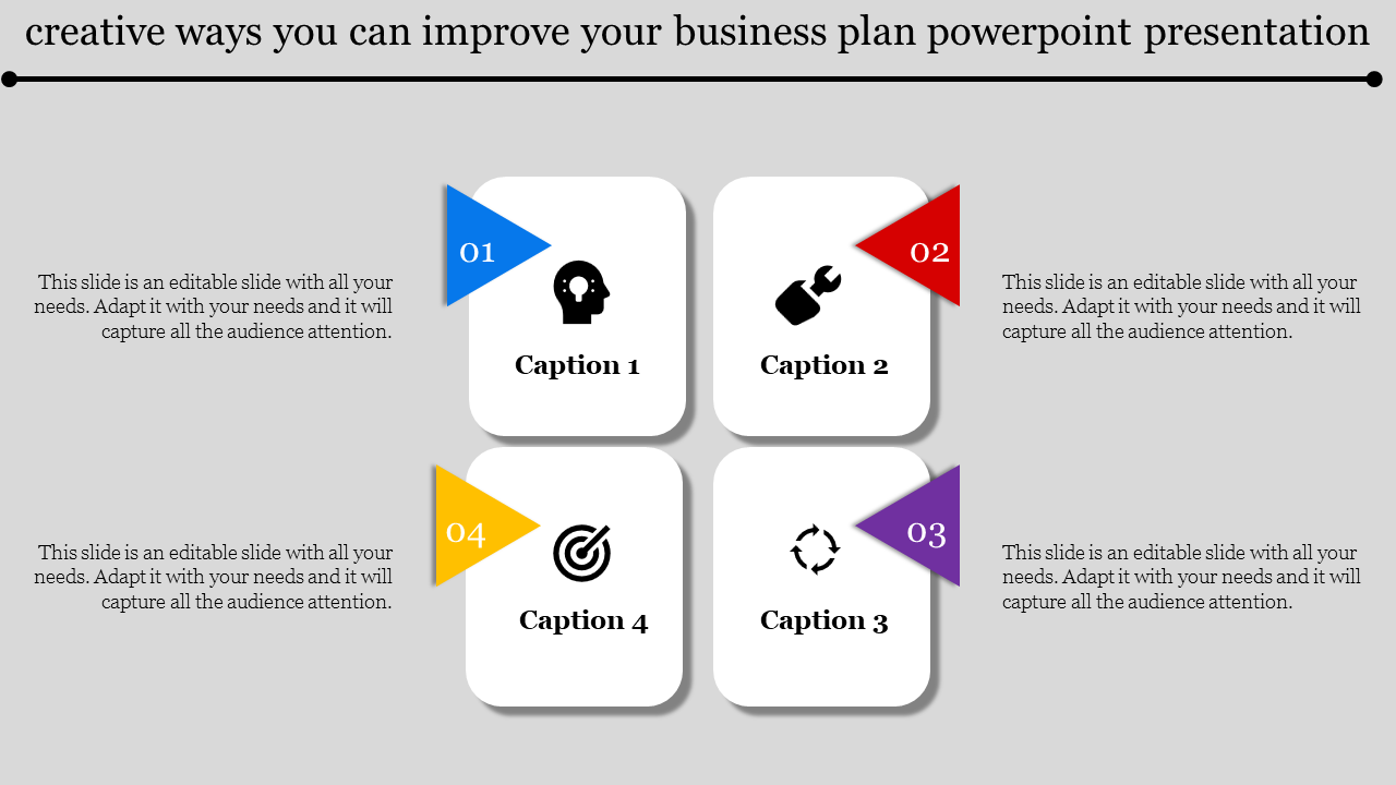 Business plan presentation slide with four colored triangle icons, numbered 1 to 4, and caption areas.