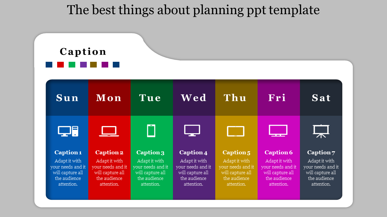 Colorful planning PPT slide with days of the week, each day having its own section with an icon and text placeholder.