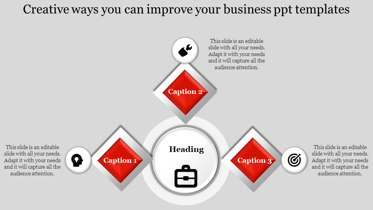Business slide showing a central heading with a briefcase icon, surrounded by three diamond shapes.