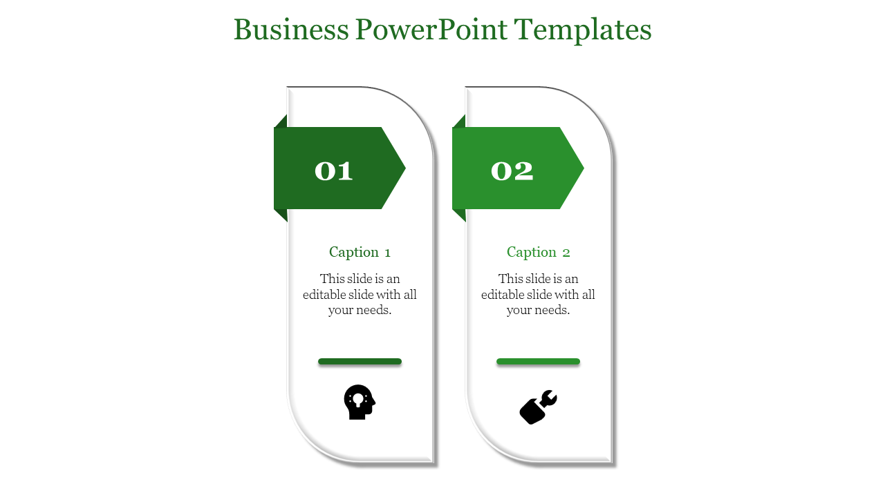 Two vertical banners numbered 01 and 02 with green arrows, editable captions, and icons representing ideas and tools.
