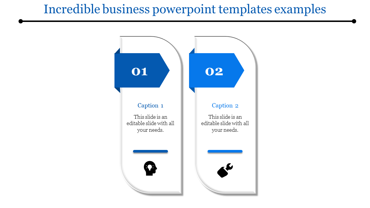 Business PowerPoint template in blue with two steps, showcasing icons for ideas and tools with captions.