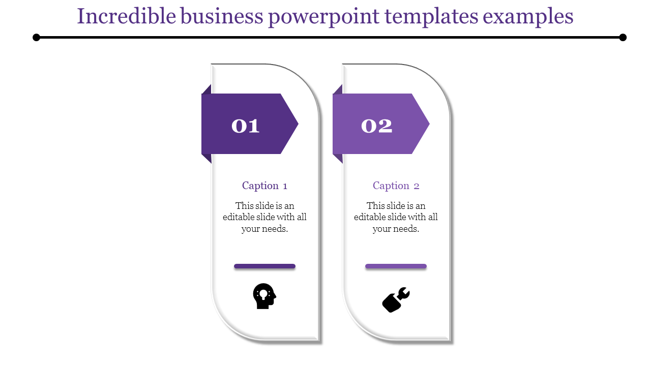 Purple themed business PowerPoint slide showing two numbered steps with icons representing creativity and tools.