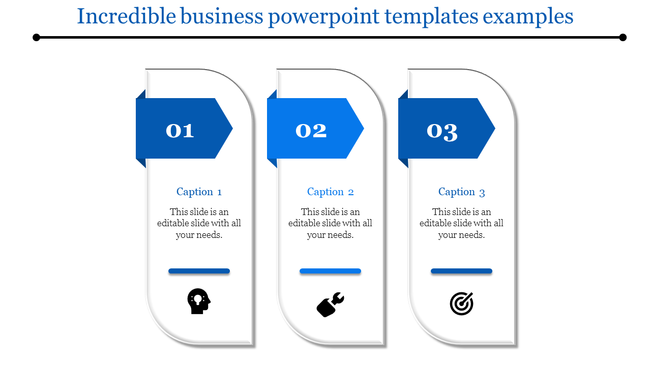 Three curved rectangular panels with blue arrows, featuring icons and captions arranged horizontally on a white background.