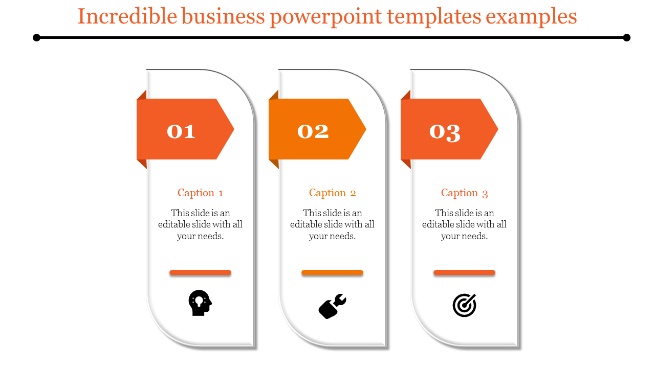 Orange accented three-step process with curved banners, captions, and icons for brainstorming, tools, and objectives.