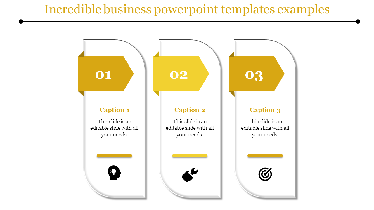 Business slide with three steps, each represented by white recangular panels with icons and arrow shaped yellow headings.