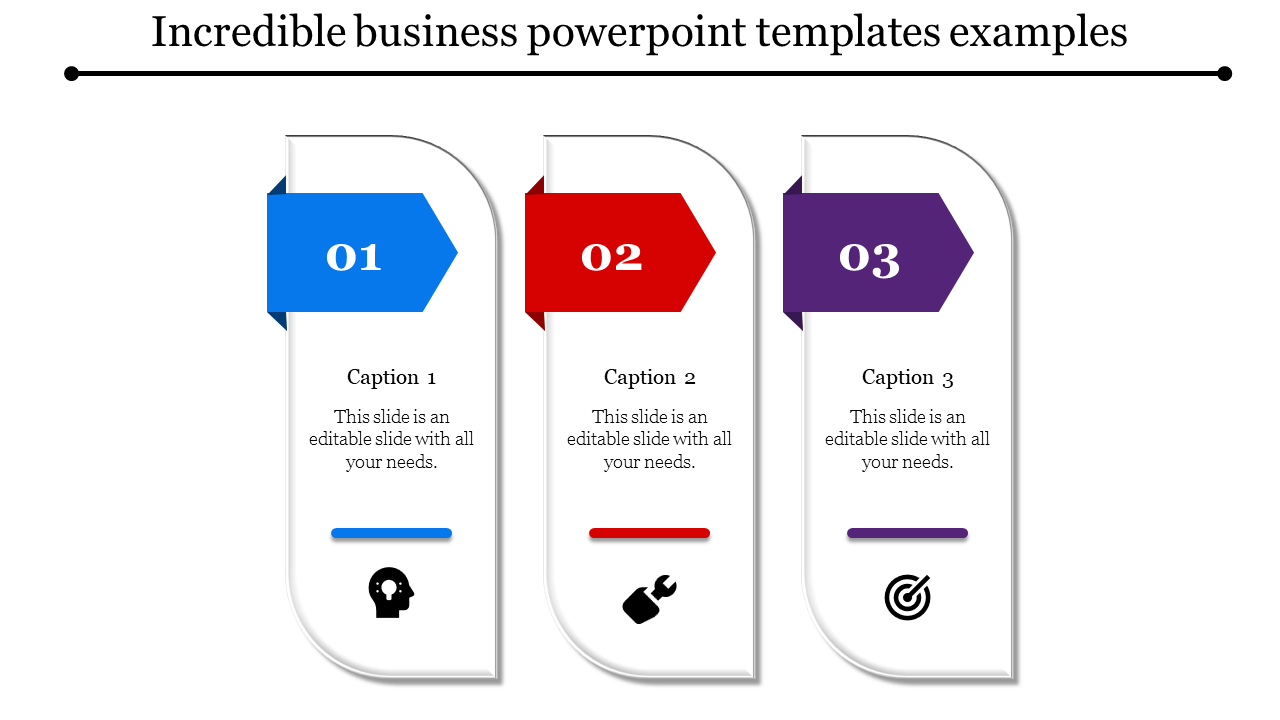 Sequential infographic with three vertical panels, numbered and color-coded, featuring captions and icons for business.