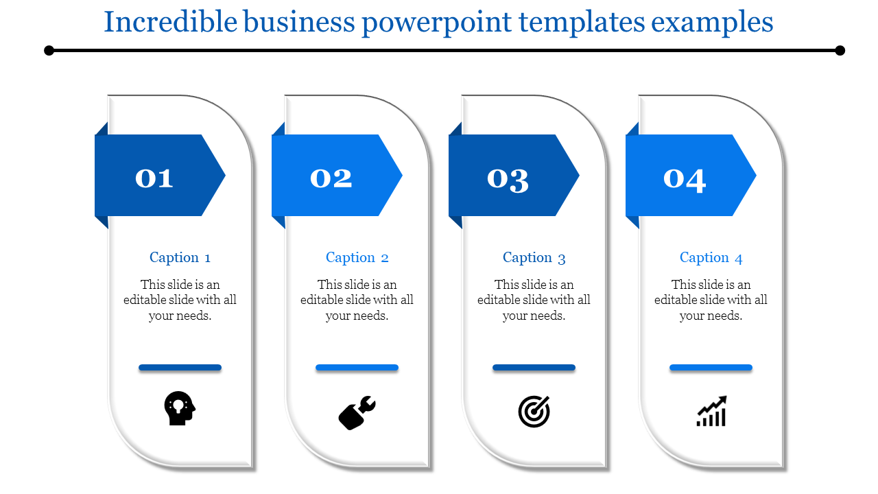 Four-step blue-themed template with curved panels, bold numbers, editable text, and icons like a bulb and graph.