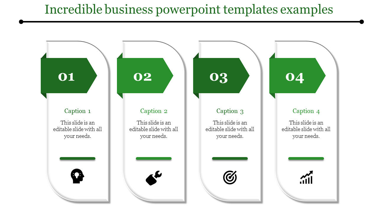 Business PowerPoint template with four numbered sections and green arrows, each section labeled with captions and icons.