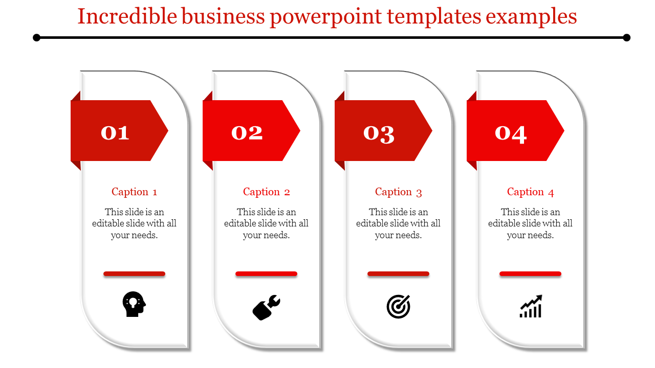 Four white rectangular shapes with red arrowheads and captions, arranged horizontally with business icons.