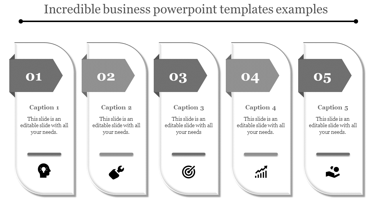 Five white rectangular panels with curved edges and gray arrow shaped headings, each showing icons and captions.