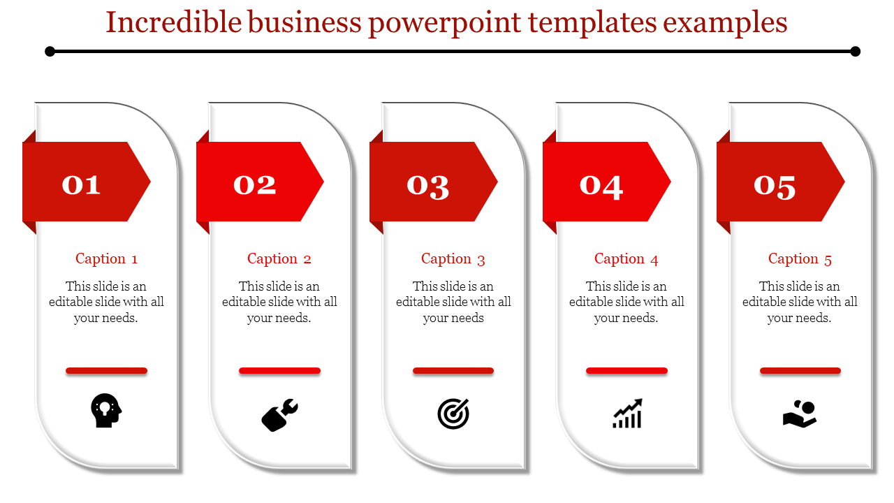 Vertical layout with five banners showcasing numbered arrows, editable captions, and icons for business-related concepts.