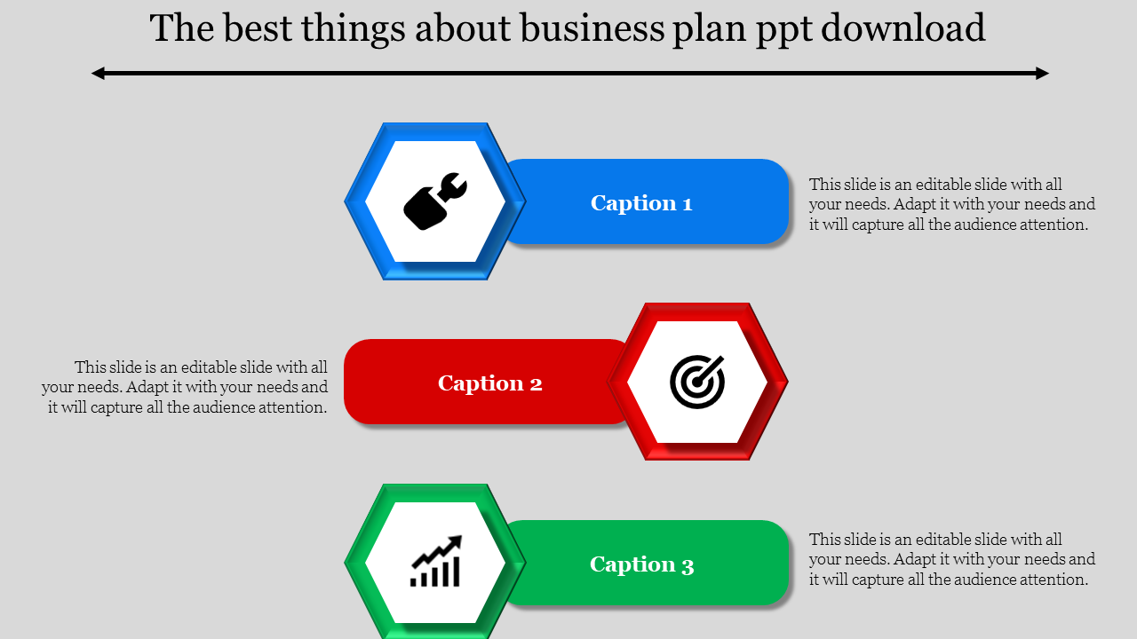Three hexagonal icons in blue, red, and green with captions arranged horizontally, on a gray background.