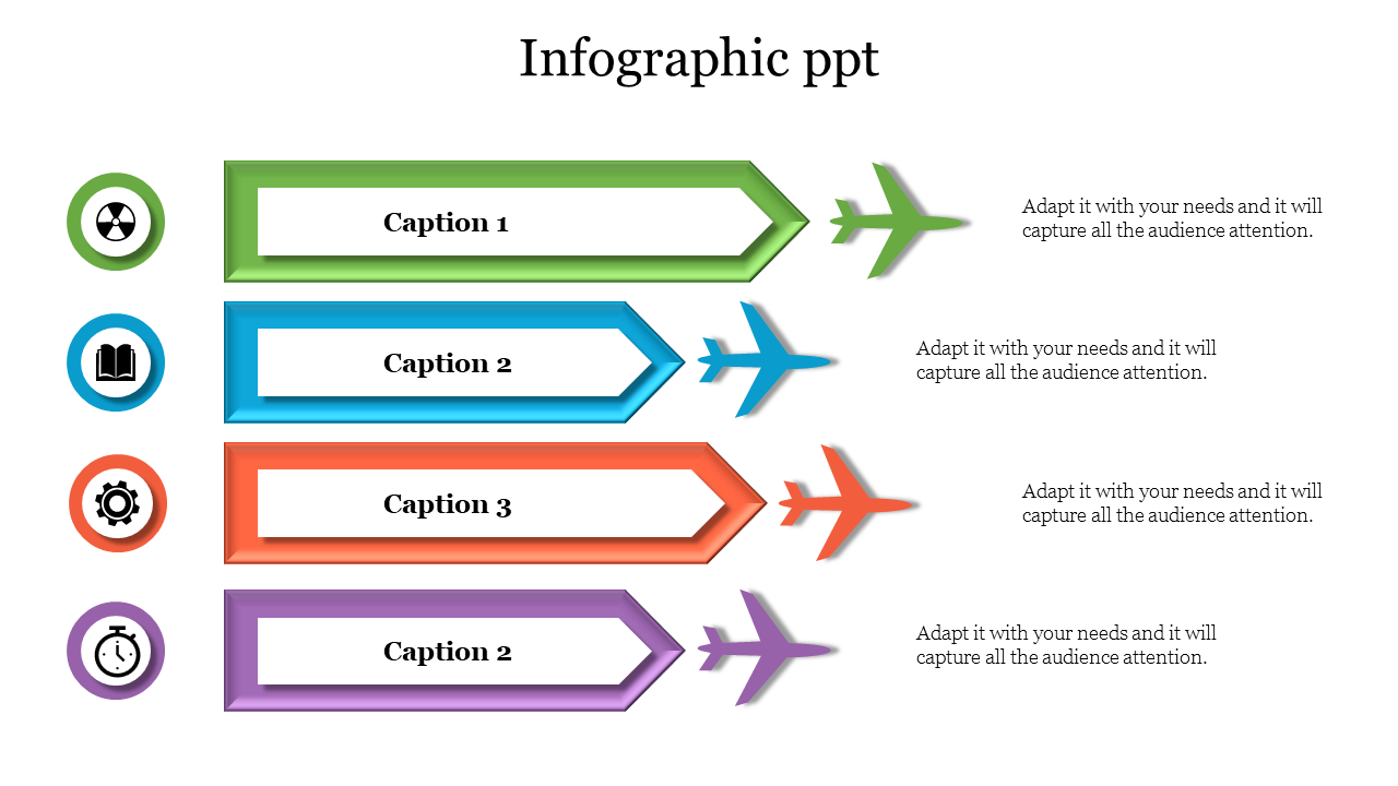 Infographic PowerPoint slide with icons representing different steps and caption areas.