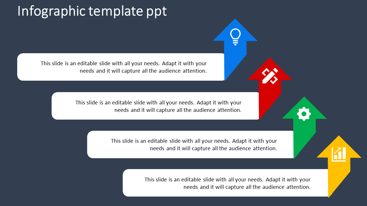 Infographic PowerPoint slide with directional arrows and icon placeholders.