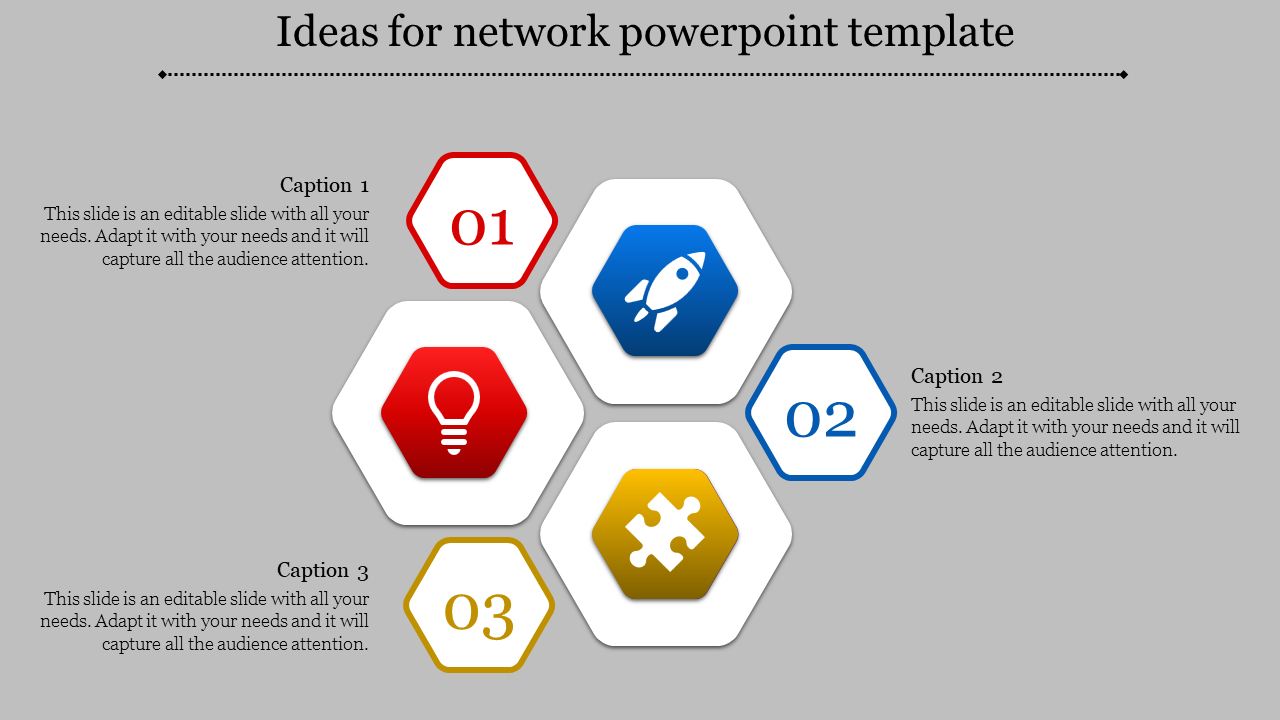 Network template with three hexagon graphics showing a red lightbulb, blue rocket, and yellow puzzle piece.