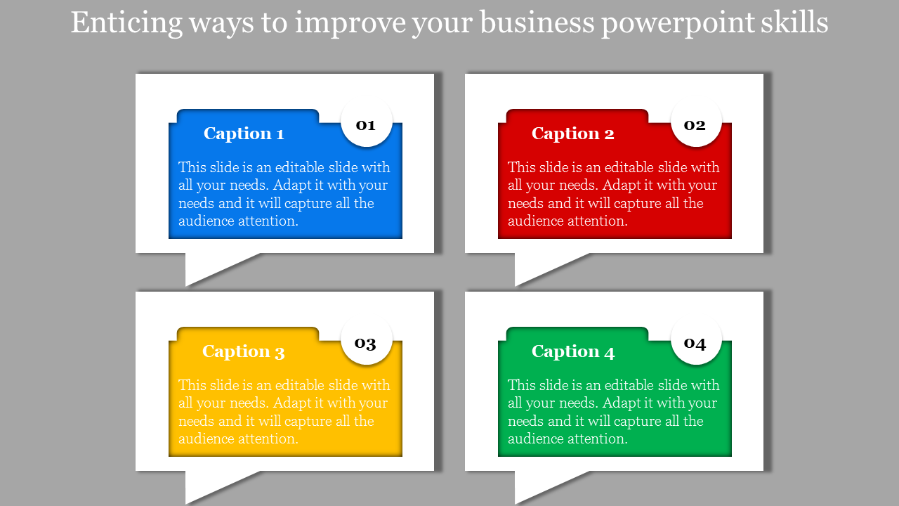 Business slide with four colorful speech bubble boxes in blue, red, yellow, and green, labeled 01 to 04.