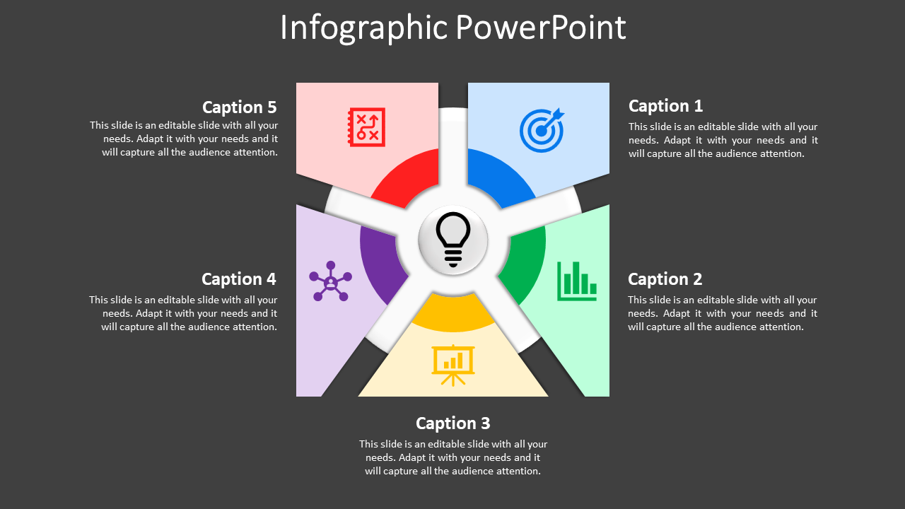 Infographic slide with five sections surrounding a central lightbulb icon, each representing different ideas with captions.
