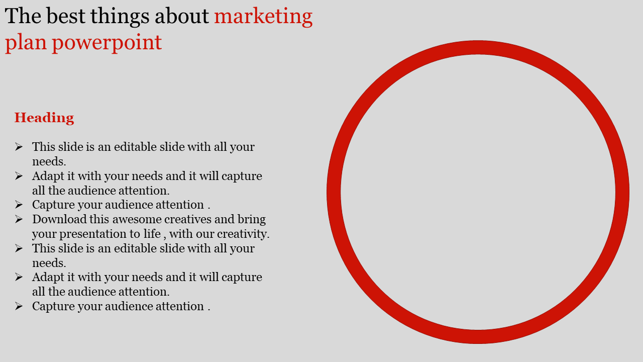 Marketing slide featuring a red circular border on the right side and text with bullet points on the left.