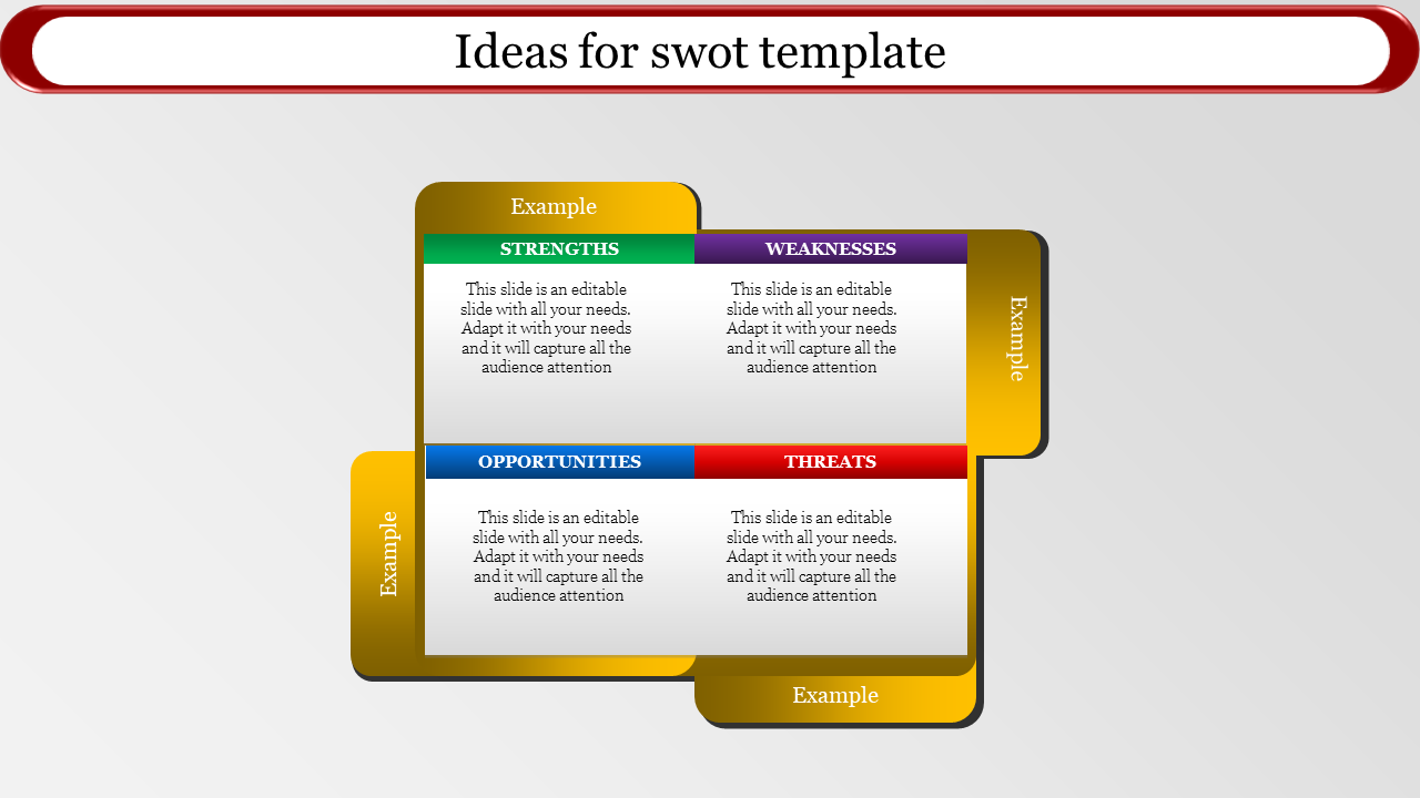 SWOT template with four square boxes in green, purple, blue, and red, bordered by gold for a professional layout.