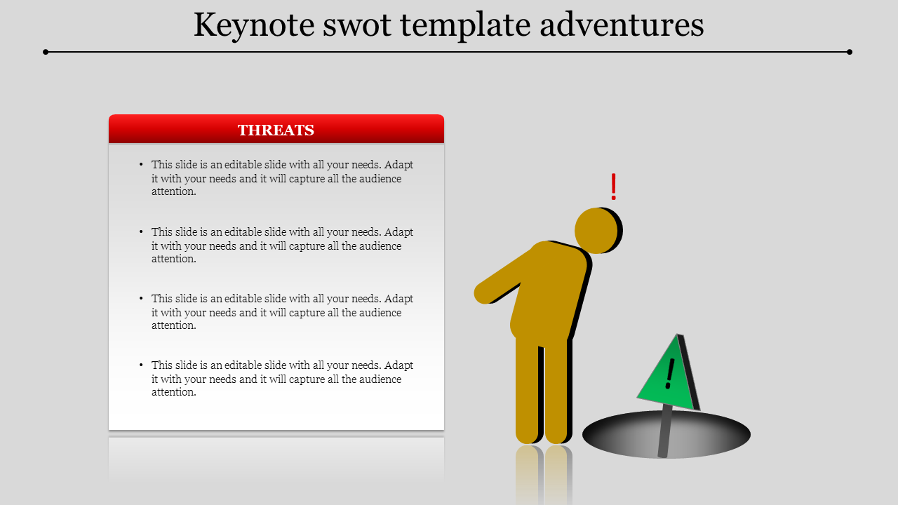 SWOT slide with a white box labeled threats on the left and a yellow figure near a green warning hole on the right.