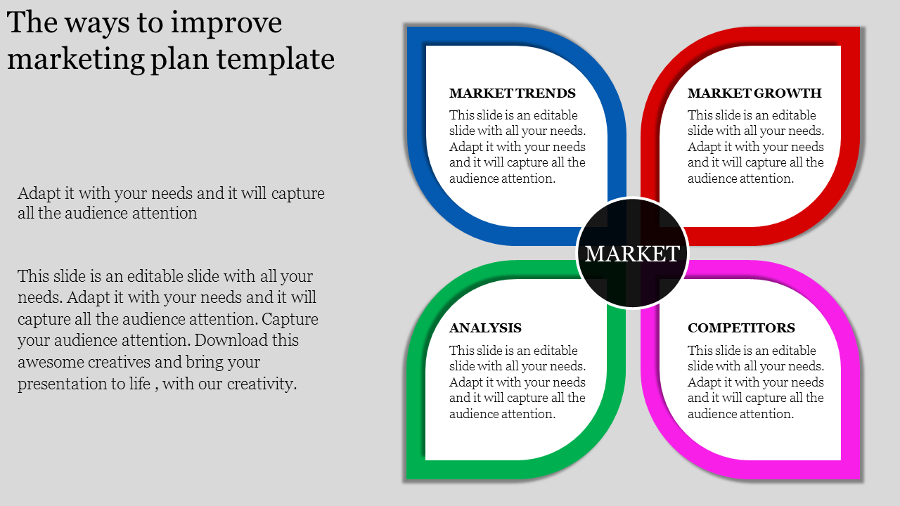 Slide featuring four colorful petal shaped sections in blue, red, green, and pink, representing marketing concepts.