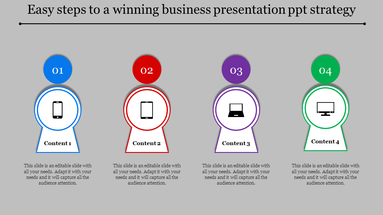 Business presentation slide showing four content sections with icons of mobile, tablet, laptop, and desktop for each step.