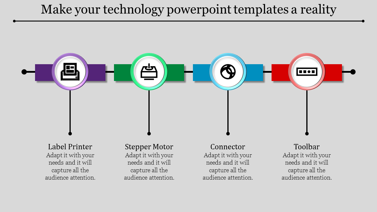 Four-step technology process diagram with circular icons and labels for label printer, stepper motor, connector, and toolbar.