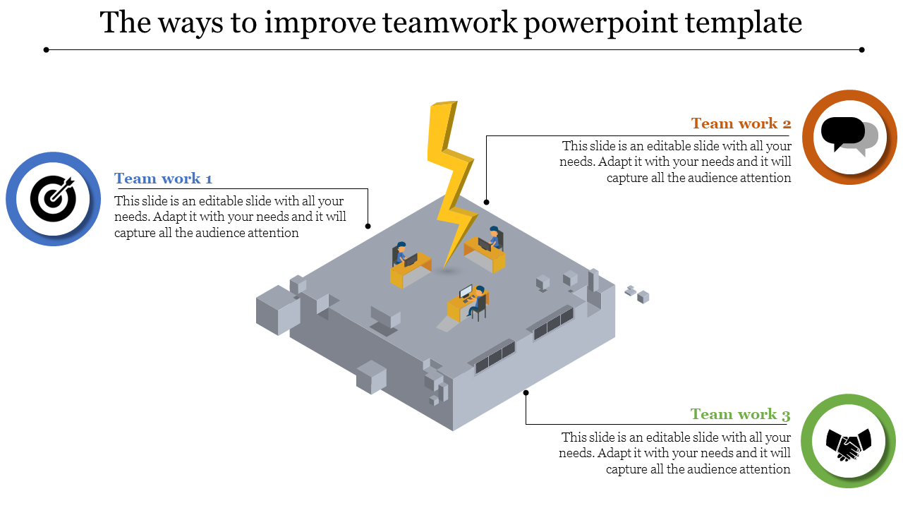 3D teamwork concept with a gray block platform, featuring workers at desks, a yellow lightning bolt, and three text sections.