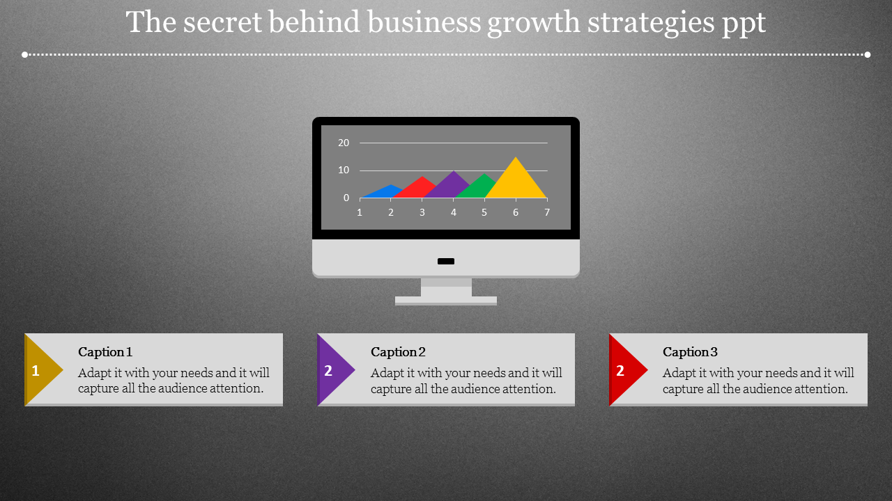 Slide featuring a bar chart on a monitor and three caption boxes labeled 1, 2, and 3 in yellow, purple, and red.