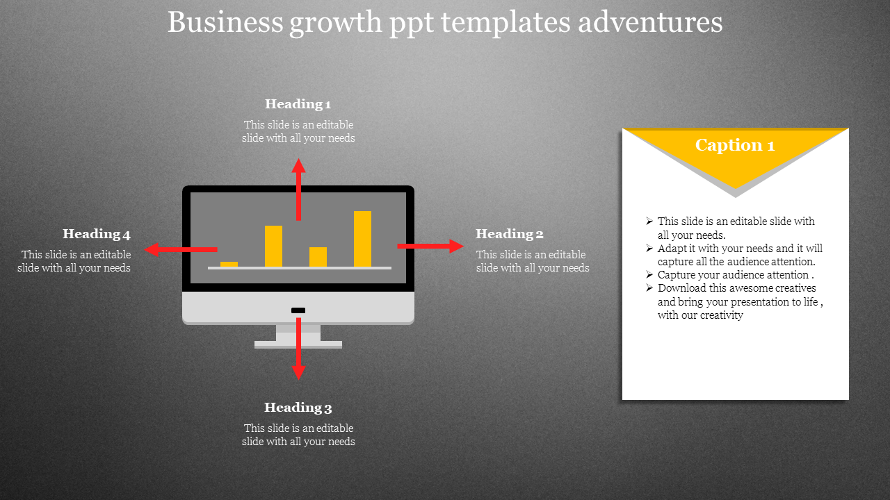 Computer business growth monitor with bar graph and four red arrows pointing to surrounding headings and captions areas.