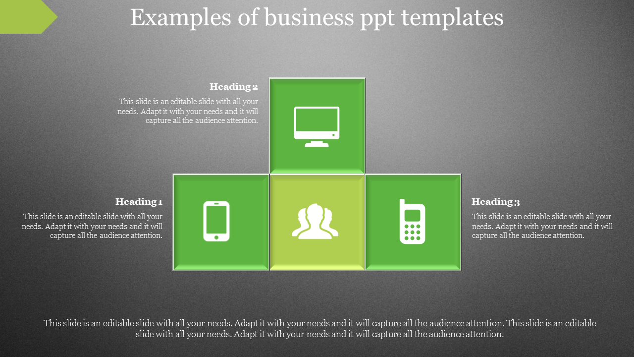 Business PowerPoint template showing three sections with icons for a computer, mobile phone, and a group of people.