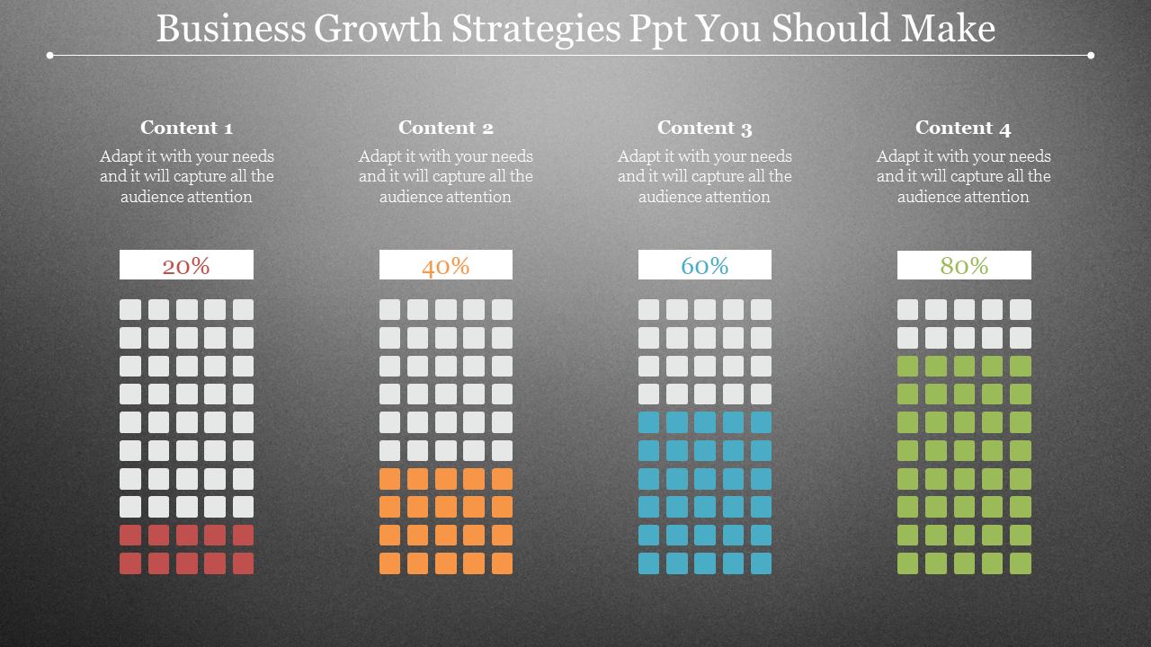 Business growth slide with four stacked grid charts in red, orange, blue, and green, showing progress percentages.