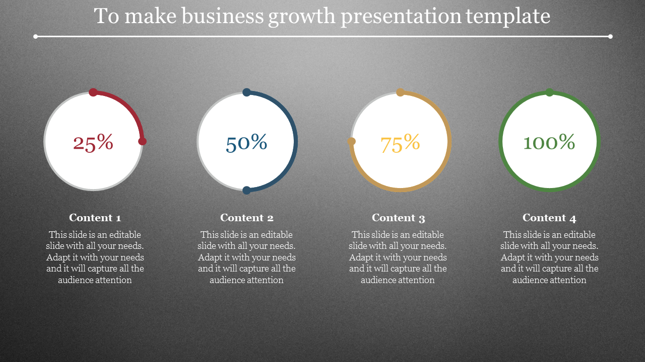 Business growth template with four percentage circles in red, blue, yellow, and green, displaying progress values.