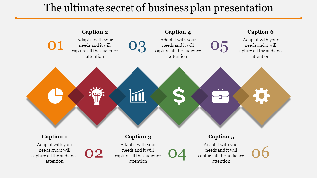 Six colorful diamond shaped icons with captions and numbers, arranged horizontally for a business plan presentation.