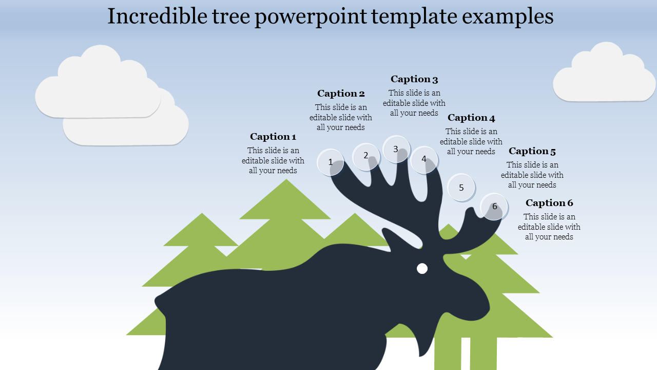  Tree template featuring a moose silhouette with six caption areas arranged on its antlers, set against a forest background.