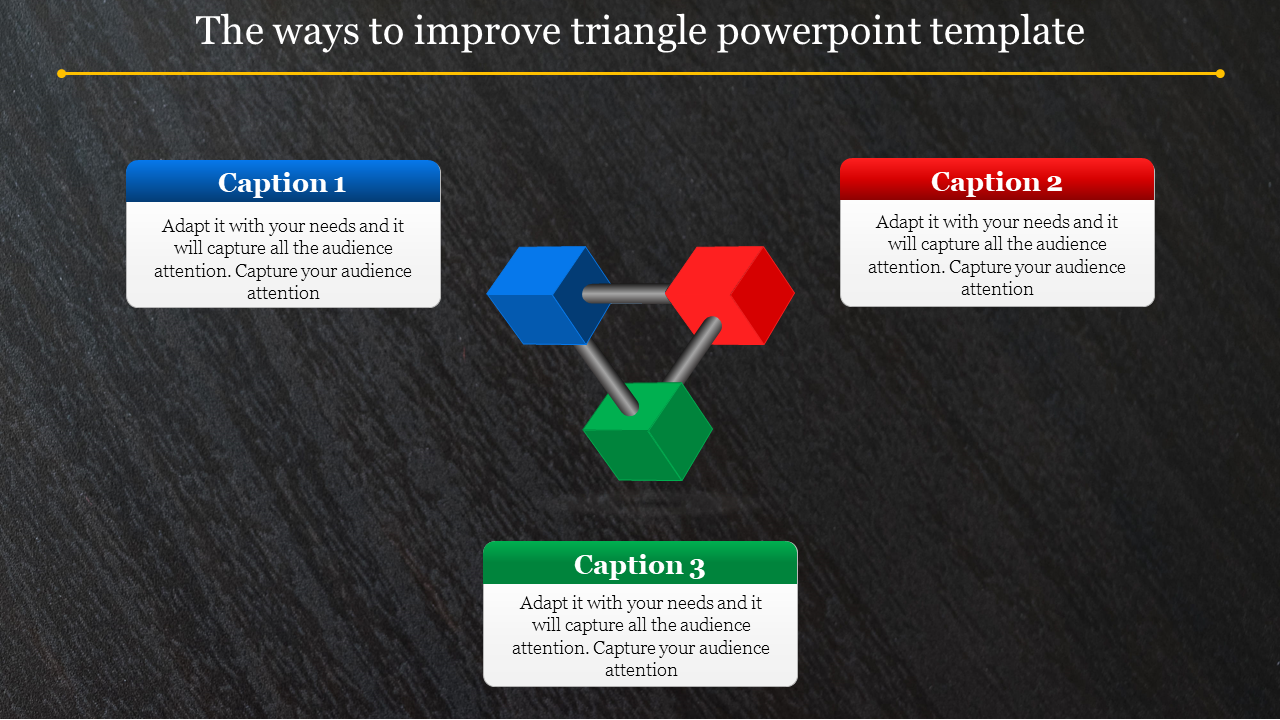 Three connected cubes in blue, red, and green, forming a triangle, with matching caption boxes, on a dark background.