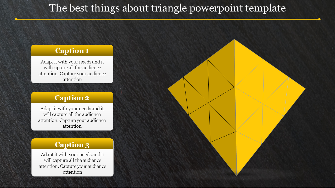 Yellow 3D triangular pyramid with three caption boxes on the left, set against a dark background.