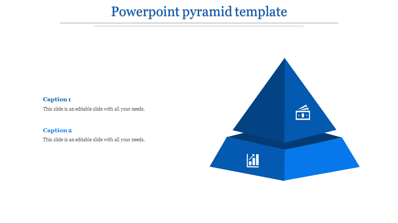 3D blue pyramid with two levels, featuring financial and statistical icons, accompanied by two caption areas.