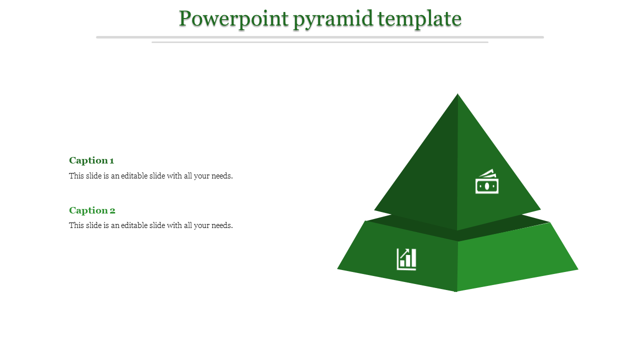 Two level green pyramid slide with financial and data icons, accompanied by captions on the left.