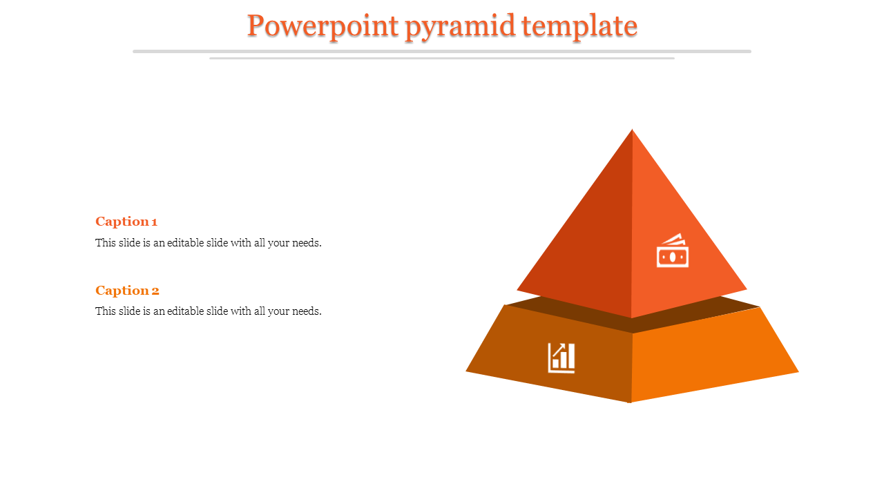 Two-tier orange pyramid with icons representing finance on top and statistics on the bottom, aligned with captions.
