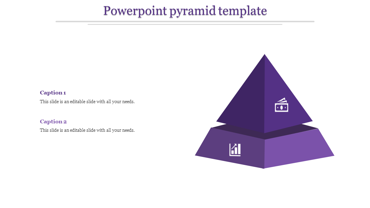 Purple two level pyramid PowerPoint template with captions on the left and icons for finance and analytics.