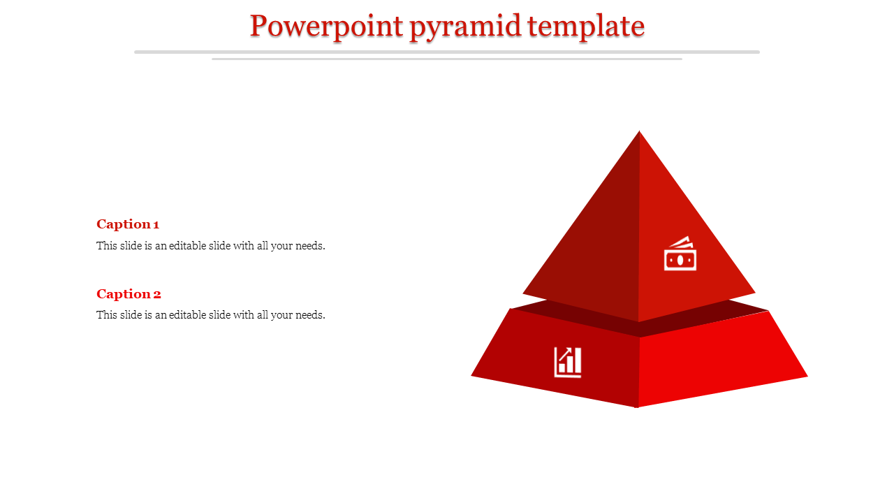 Red pyramid with two levels featuring financial and graph icons, captions aligned on the left.