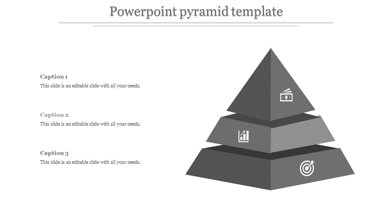 Grayscale pyramid PowerPoint template with three layers, each labeled with icons for money, growth, and target.