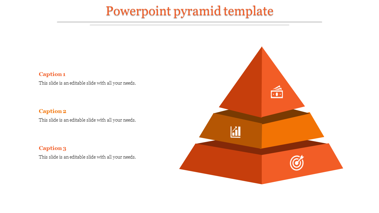 3D orange pyramid with three tiers, each with icons symbolizing a different aspect of business strategy and captions.
