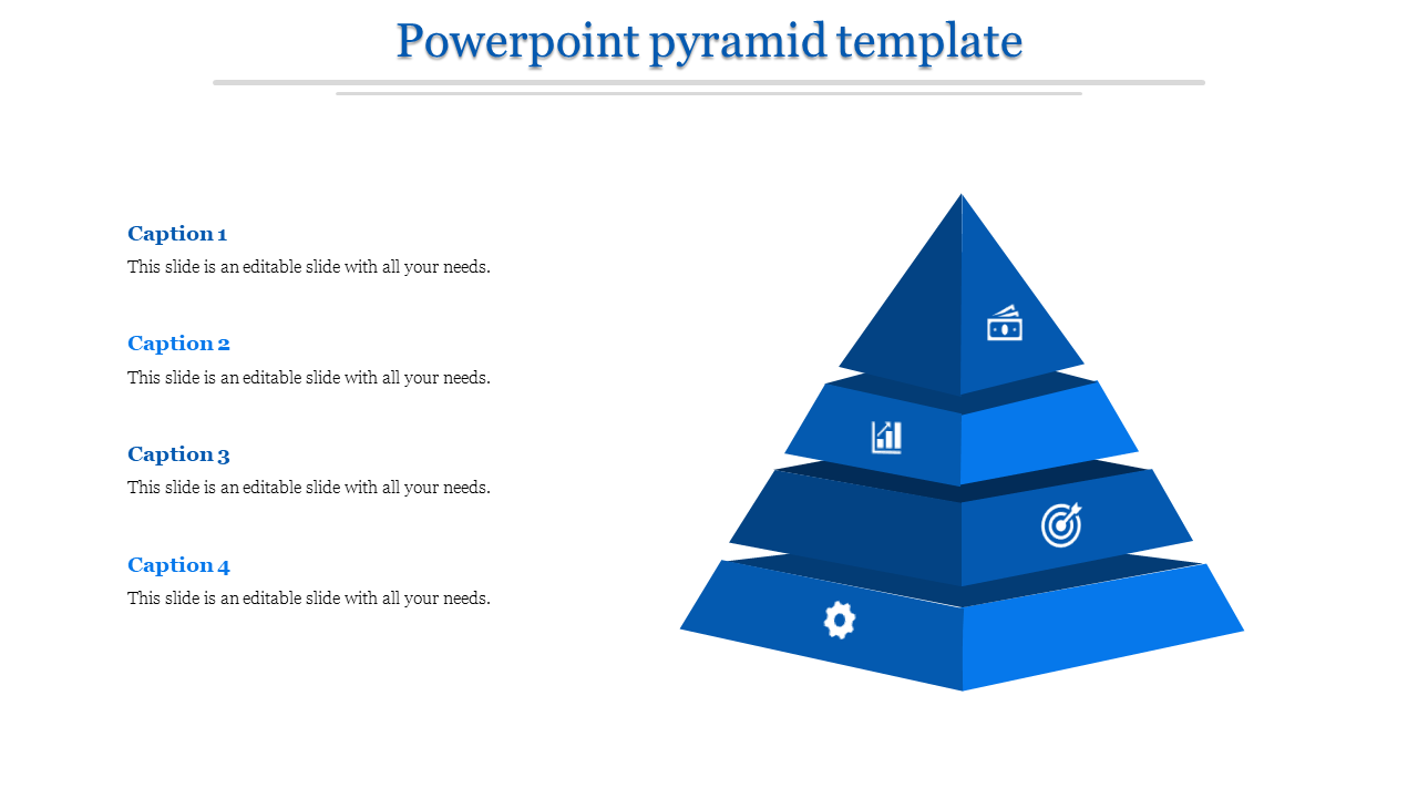 Four tier blue pyramid template with captions for vision, growth, strategy, and operations in a PowerPoint slide.